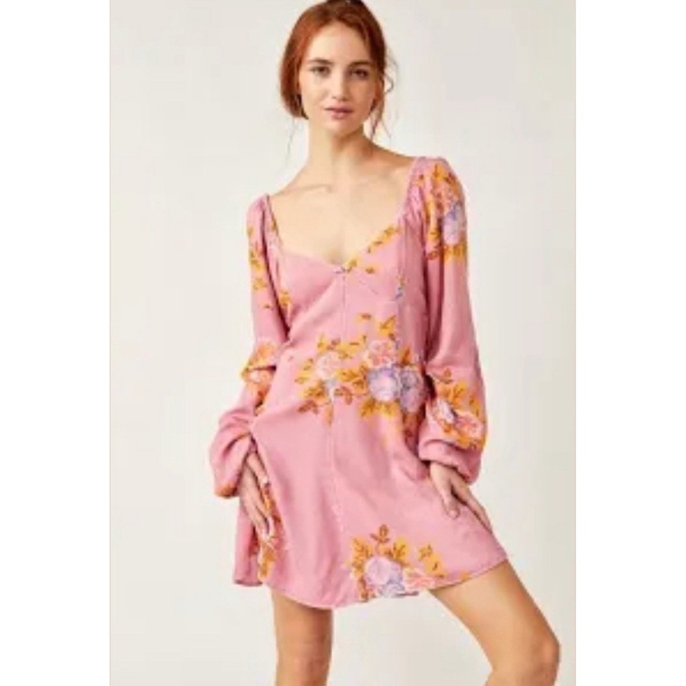 NWT Free People Francesca Floral Puff Long Sleeves Mini Dress Rose Pink Size Med
